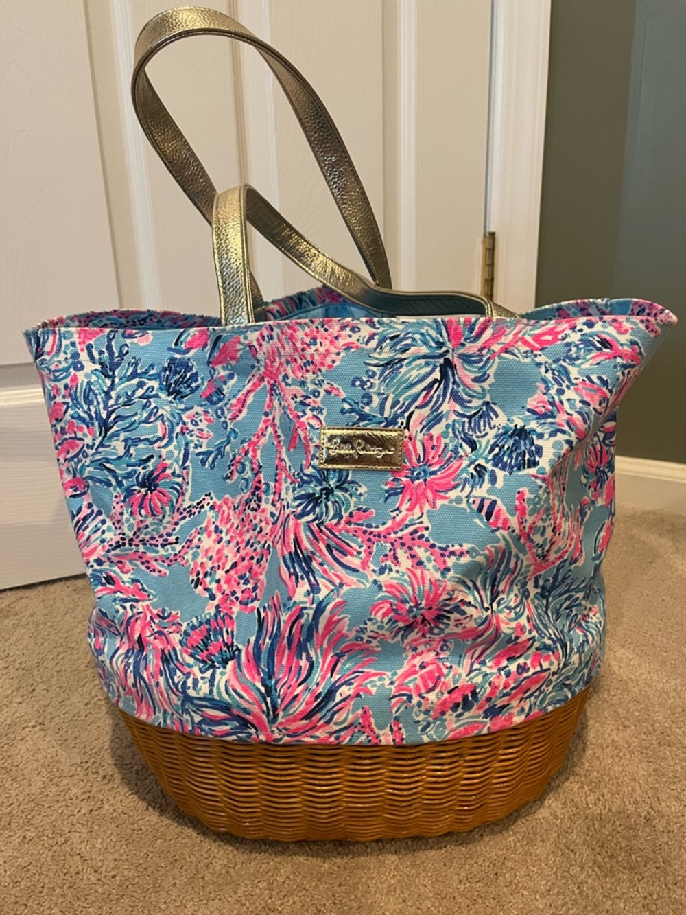 Lilly Pulitzer Aqua Floral Tote with Pink and Navy Accents